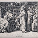 Исцеление расслабленного в Капернауме. Чтобы доставить больного к Христу, люди разобрали крышу и спустили паралитика на верёвках (гравюра на дереве, A.Gaber)