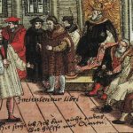 Лютер в Вормсе. Цветная гравюра 1557 года.