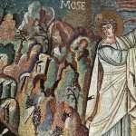 Moses receives a revelation on Mount Sinai in front of the elders of Israel. Mosaic of the Basilica of San Vitale, Ravenna 