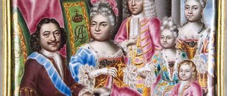 Семейный портрет Петра вместе с Екатериной, сыном царевичем Алексеем и детьми от второй жены. Мусикийский Г. C., миниатюра на эмали.